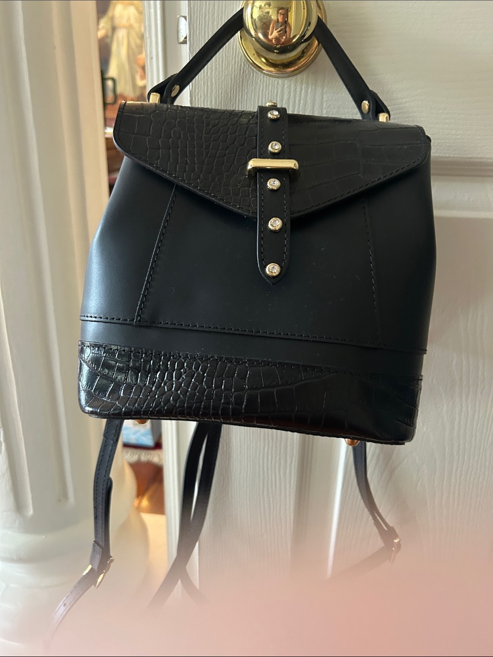 Black Leather Croc Top-Handle Backpack Purse